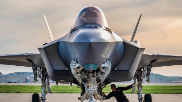 An aircraft from the U.S. Air Force F-35 Lightning II Demonstration Team arrives at the Kentucky Air National Guard Base in Louisville, Ky., April 19, 2023, in advance of the Thunder Over Louisville air show. The annual event, to be held along the banks of the Ohio River on April 22, will feature more than 20 military and civilian aircraft. (U.S. Air National Guard photo by Dale Greer)