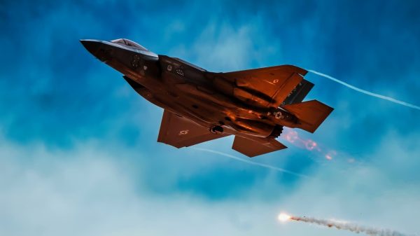 A U.S. Air Force F-35A Lightning II assigned to the 56th Fighter Wing, Luke Air Force Base, Arizona, performs a strafing run during Haboob Havoc, April 24, 2024, over Barry M. Goldwater Range, Arizona. Haboob Havoc is a total force exercise that provides a way for pilots from various bases to demonstrate their skills across a diverse range of aircraft, including F-35 Lightning IIs, F-16 Fighting Falcons, and A-10 Thunderbolt IIs, while also testing their abilities in different mission sets such as dogfighting and gun runs. (U.S. Air Force photo by Airman 1st Class Mason Hargrove)