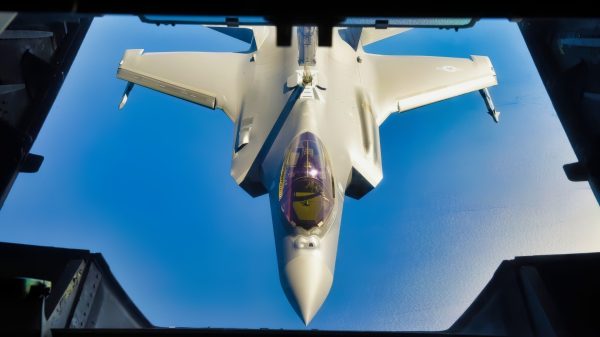 An F-35 Lightning II connects to a KC-10 Extender fuel injection arm to refuel during an aerial training mission, during Operation Astral Knight 19 over the Adriatic Sea, June 3, 2019. Astral Knight is a joint, multinational exercise taking place throughout various locations in Europe, with more than 900 Airmen participating in the exercise. (U.S. Air Force photo by Staff Sgt. Joshua R. M. Dewberry)