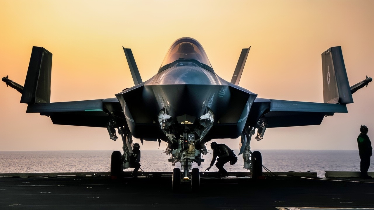 U.S CENTRAL COMMAND AREA OF RESPONSIBILITY (April 24, 2025) U.S. Sailors conduct pre-flight safety checks on an F-35C Lightning II, attached to Strike Fighter Squadron (VFA) 97, on the flight deck of the Nimitz-class aircraft carrier USS Carl Vinson (CVN 70) in the U.S. Central Command area of responsibility. (Official U.S. Navy photo)