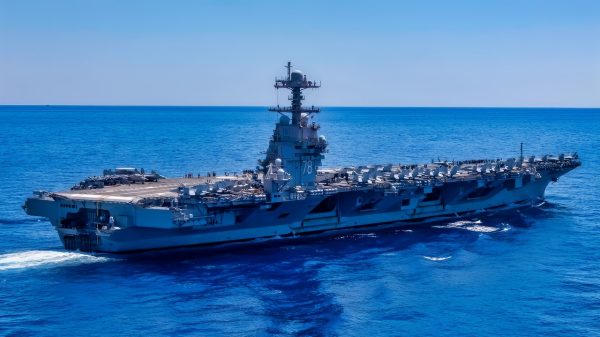 The world's largest aircraft carrier, USS Gerald R. Ford (CVN 78) transits the Mediterranean Sea, August 1, 2025. Gerald R. Ford, a first-in-class nuclear aircraft carrier and deployed flagship of Carrier Strike Group Twelve, is on a scheduled deployment in the U.S. 6th Fleet area of operations to support the warfighting effectiveness, lethality, and readiness of U.S. Naval Forces Europe-Africa, and defend U.S., Allied, and partner interests in the region. (U.S. Navy photo by Mass Communication Specialist Seaman Brianna Barnett)