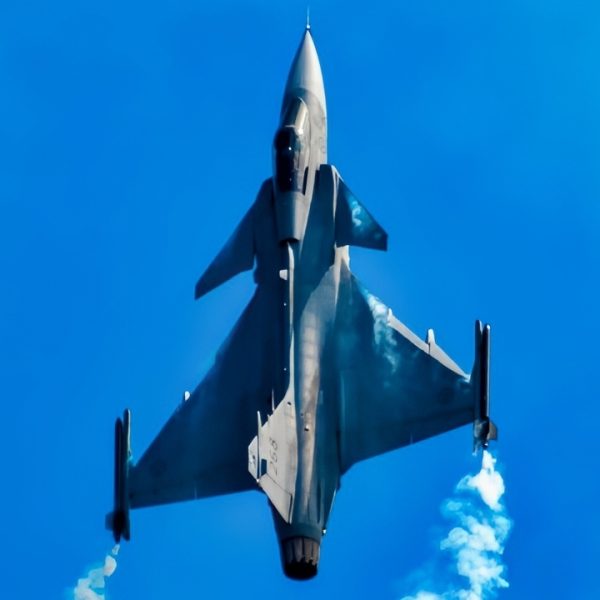A Swedish Air Force Saab JAS 39 Gripen climbs during the 2019 Royal International Air Tattoo at RAF Fairford, England, July 20, 2019. This year, RIAT commemorated the 70th anniversary of NATO and highlighted the United States' enduring commitment to its European allies. (U.S. Air Force photo by Tech Sgt. Aaron Thomasson)