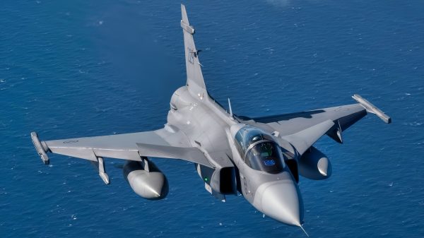 A Swedish Air Force JAS 39 Gripen participating in NATO exercise Ramstein Flag 24 flies over the west coast of Greece, Oct. 4, 2024. Over 130 fighter and enabler aircraft from Greece, Canada, France, Hungary, Italy, Poland, Portugal, Romania, Spain, Sweden, United Kingdom and United States are training side by side to improve tactics and foster more robust integration, demonstrating NATO’s resolve, commitment and ability to deter potential adversaries and defend the Alliance. (U.S. Air Force photo by Tech. Sgt. Emili Koonce)