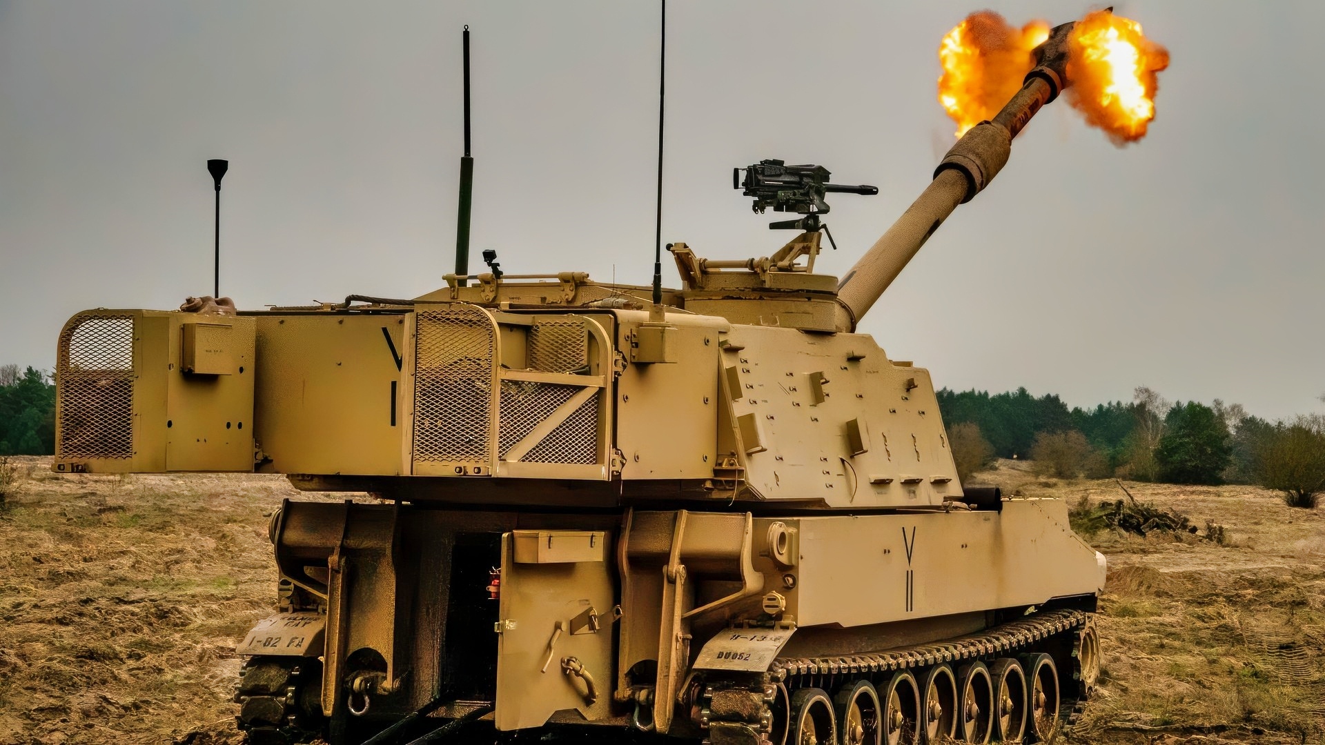 An M109 Paladin, assigned to 1st Battalion, 82nd Field Artillery Regiment, fires a round of high-explosive artillery during Dynamic Front on Forward Operating Site Torun, Poland, Nov. 19, 2024. Dynamic Front takes place from Nov. 4-24 in Finland, Estonia, Germany, Poland, and Romania, and demonstrates NATO’s ability to share fire missions, target information, and operational graphics from the Arctic to the Black Sea. It increases the lethality of the Alliance through long-range fires, builds unit readiness in a complex joint, multi-national environment, and leverages host nation capabilities to increase USAREUR-AF’s operational reach. Dynamic Front includes more than 1,800 U.S. and 3,700 multi-national service members from 28 Allied and partner nations. (U.S. Army photo by Spc. Julian Winston)