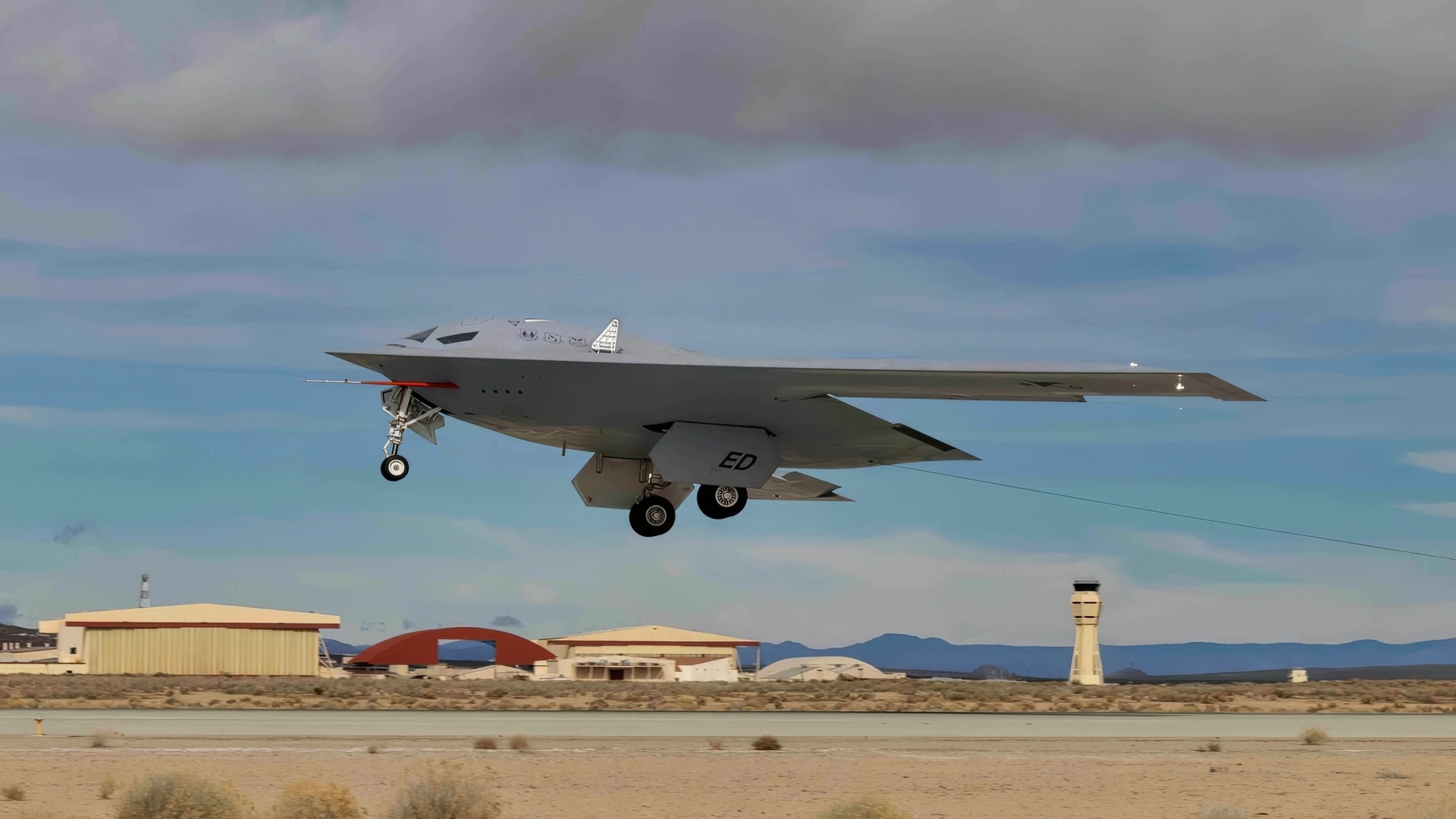 A B-21 Raider conducts flight tests, which includes ground testing, taxiing, and flying operations, at Edwards Air Force Base, California, where it continues to make progress toward becoming the backbone of the U.S. Air Force bomber fleet. The B-21 will possess the range, access, and payload to penetrate the most highly-contested threat environments and hold any target around the globe at risk. The B-21 program is on track to deliver aircraft in the mid-2020s to Ellsworth Air Force Base, South Dakota, which will be the first B-21 main operating base and location for the B-21 formal training unit. (Courtesy photo)