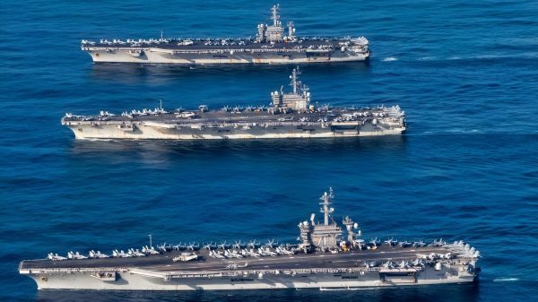 The U.S. Navy aircraft carriers USS Nimitz (CVN-68), USS Theodore Roosevelt (CVN-71) and USS Ronald Reagan (CVN-76) underway in the Western Pacific on 12 November 2017. The strike groups were underway and conducting operations in international waters as part of a three-carrier strike force exercise. This was the first time since August 2007 that three U.S. Navy carriers operated together. In 2007, USS Kitty Hawk (CV-63), USS Nimitz (CVN-68) and USS John C. Stennis (CVN-74) participated in exercise "Valiant Shield".