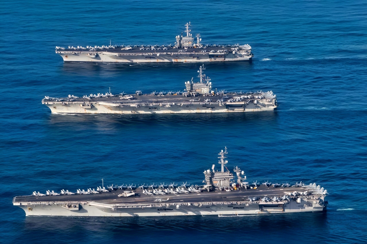 The U.S. Navy aircraft carriers USS Nimitz (CVN-68), USS Theodore Roosevelt (CVN-71) and USS Ronald Reagan (CVN-76) underway in the Western Pacific on 12 November 2017. The strike groups were underway and conducting operations in international waters as part of a three-carrier strike force exercise. This was the first time since August 2007 that three U.S. Navy carriers operated together. In 2007, USS Kitty Hawk (CV-63), USS Nimitz (CVN-68) and USS John C. Stennis (CVN-74) participated in exercise "Valiant Shield".