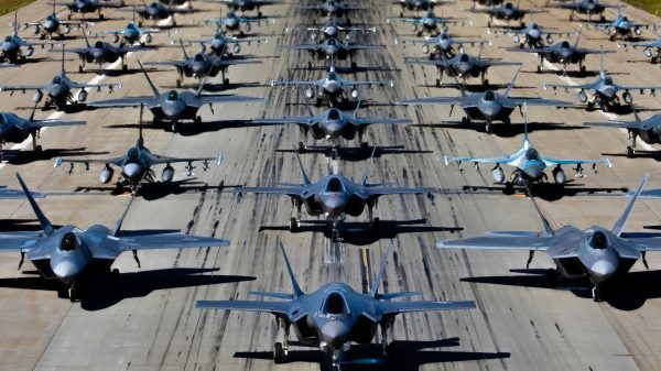 The 354th Fighter Wing conducts a 75-fighter jet formation at Eielson Air Force Base, Alaska, Aug. 12, 2022, in honor of the U.S. Air Force’s 75th Anniversary. This capabilities demonstration included F-35A Lightning II, F-16 Fighting Falcon and F-22 Raptor aircraft from across Pacific Air Forces. (U.S. Air Force photo by Senior Airman Gary Hilton)