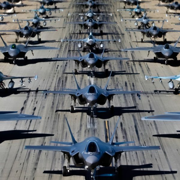 The 354th Fighter Wing conducts a 75-fighter jet formation at Eielson Air Force Base, Alaska, Aug. 12, 2022, in honor of the U.S. Air Force’s 75th Anniversary. This capabilities demonstration included F-35A Lightning II, F-16 Fighting Falcon and F-22 Raptor aircraft from across Pacific Air Forces. (U.S. Air Force photo by Senior Airman Gary Hilton)