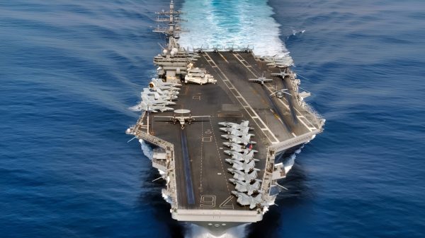 Pacific Ocean, July 25, 2005 - USS Ronald Reagan (CVN 76) performs a high speed run during operations in the Pacifc Ocean. Ronald Reagan and Carrier Air Wing One Four (CVW-14) are currently underway conducting Tailored Ships Training Availability (TSTA). Official US Navy Photo by Photographers Mate 1st Class James Thierry. (RELEASED)