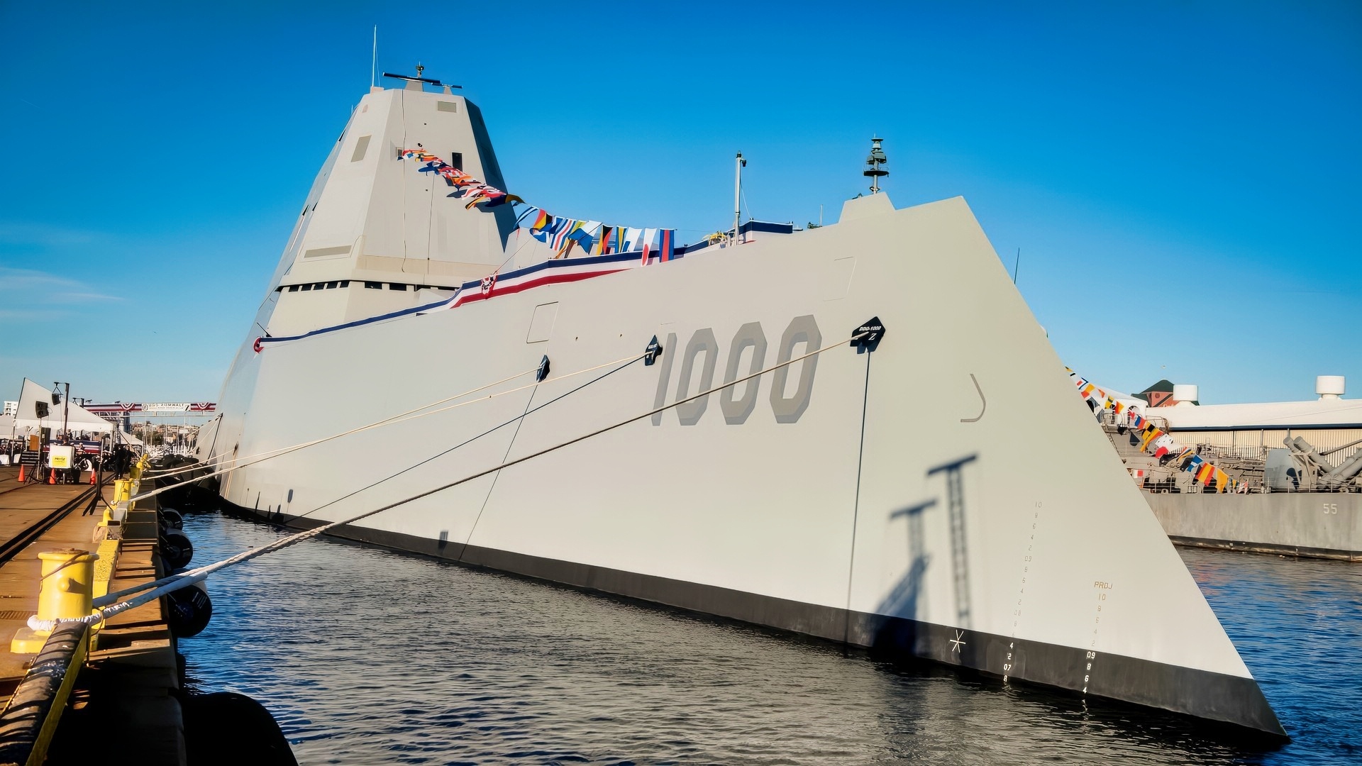 The Navy's newest and most technologically advanced warship, USS Zumwalt (DDG 1000), is moored to the pier during a commissioning ceremony at North Locust Point in Baltimore. (U.S. Navy photo by Petty Officer 1st Class Nathan Laird/Released)