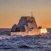 (February 10, 2024) — The Zumwalt Class Guided Missile Destroyer USS Michael Monsoor (DDG 1001) breaks away from the Henry J. Kaiser-class fleet replenishment oiler USNS Pecos (T-AO 197) shortly before sunset after taking on fuel. (U.S. Navy photo by Chief Mass Communication Specialist Mark D. Faram)