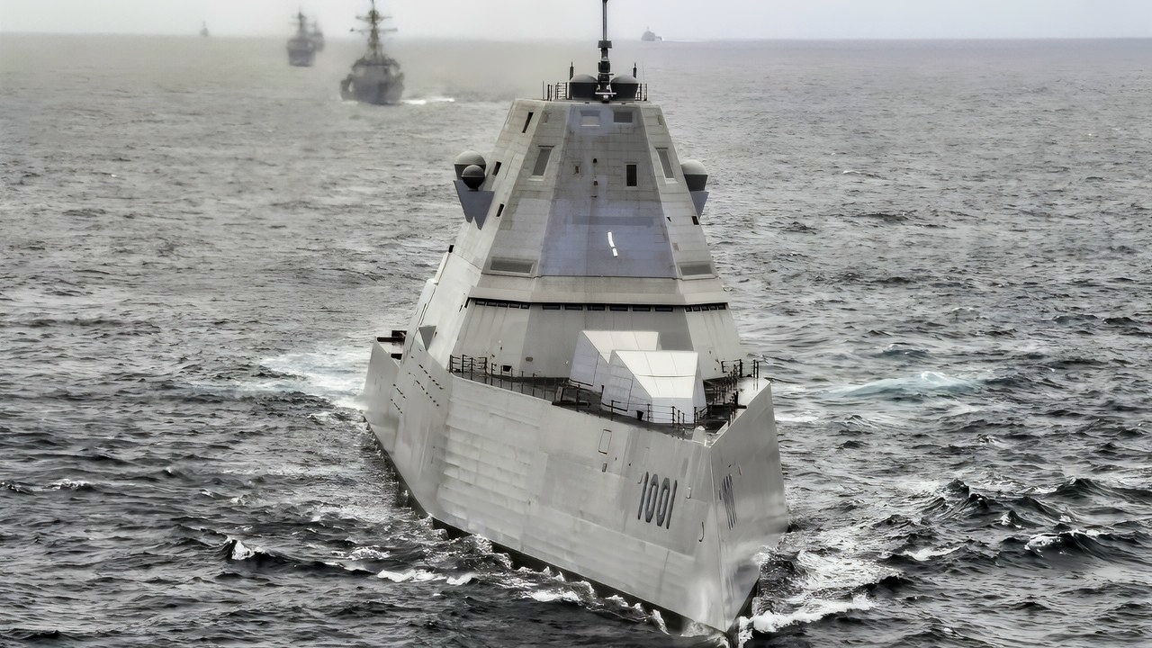 (April 21, 2021) The Zumwalt-class guided-missile destroyer USS Michael Monsoor (DDG 1001) leads a formation including the Arleigh Burke-class guided missile destroyers USS Fitzgerald (DDG 62), USS Spruance (DDG 111), USS Pinckney (91), and USS Kidd (DDG 100), and the Independence-variant littoral combat ship USS Coronado (LCS 4) during U.S. Pacific Fleet’s Unmanned Systems Integrated Battle Problem (UxS IBP) 21, April 21. UxS IBP 21 integrates manned and unmanned capabilities into challenging operational scenarios to generate warfighting advantages. (U.S. Navy photo by Chief Mass Communication Specialist Shannon Renfroe)