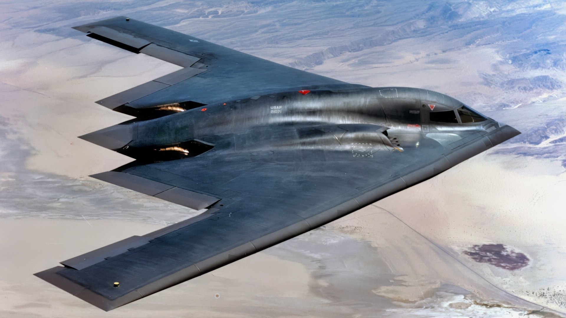 FILE PHOTO -- The B-2 Spirit is a multi-role bomber capable of delivering both conventional and nuclear munitions. A dramatic leap forward in technology, the bomber represents a major milestone in the U.S. bomber modernization program. The B-2 brings massive firepower to bear, in a short time, anywhere on the globe through previously impenetrable defenses. (U.S. Air Force photo)