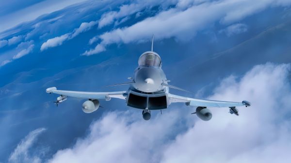 A German Air Force Eurofighter Typhoon flies over Alaska during exercise Arctic Defender 24 at Joint Base Elmendorf-Richardson, Alaska, July 8, 2024. Arctic Defender is a German Air Force-led exercise that provides a unique opportunity to integrate various forces into joint, coalition and multilateral training from simulated forward operating bases and is part of several exercises under Pacific Skies 24. Pacific Skies is a combination of several exercises in the Indo-Pacific theater in which German, French and Spanish air forces participate with U.S. forces. (U.S. Air Force photo Senior Airman Shelimar Rivera Rosado)