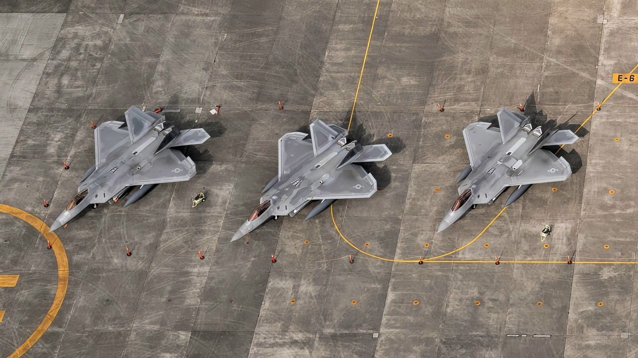 Eight U.S. Air Force F-22 Raptors from Joint Base Elmendorf-Richardson, Alaska, sit on the flightline, July 9, 2018, at Yokota Air Base, Japan. Eight F-22s evacuated from Kadena Air Base, Japan due to Typhoon Maria. The F-22 are deployed under U.S. PACOM’s theater security package (TSP) program, which has been in operation since 2004. (U.S. Air Force photo by Yasuo Osakabe)