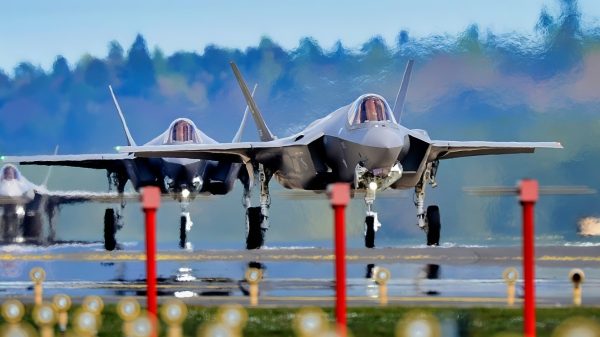 F-35A Lightning II's from the 34th Fighter Squadron at Hill Air Force Base, Utah, land at Royal Air Force Lakenheath, England, April 15, 2017. The aircraft arrival marks the first F-35A fighter training deployment to the U.S. European Command area of responsibility. (U.S. Air Force photo/Tech. Sgt. Matthew Plew)