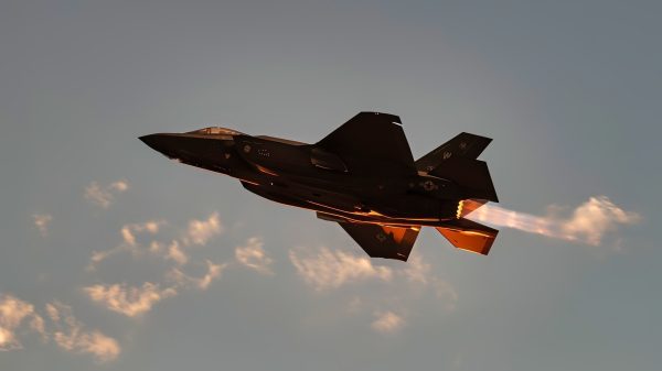 A U.S. Air Force F-35A Lightning II takes off for a mission during U.S. Air Force Weapons School Integration (WSINT) at Nellis Air Force Base, Nevada, June 4, 2025. WSINT is a graduate-level training event that combines multi-domain assets in large-force scenarios, enabling U.S. Air Force and joint service members to hone tactical expertise and integrate advanced capabilities in a dynamic threat environment. (U.S. Air Force photo by William R. Lewis)