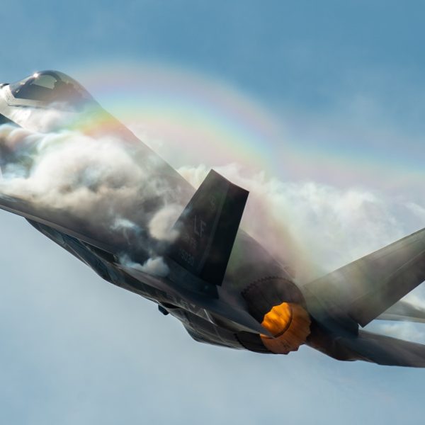 Capt. Andrew “Dojo” Olson, F-35 Heritage Flight Team pilot and commander performs a vertical climb in an F-35A Lightning II during the Bell Fort Worth Alliance Air Show Oct. 14, 2018, in Fort Worth, Texas. The F-35A Lightning II’s F-135 single-engine contains 43,000 pounds of thrust. (U.S. Air Force photo by Senior Airman Alexander Cook)