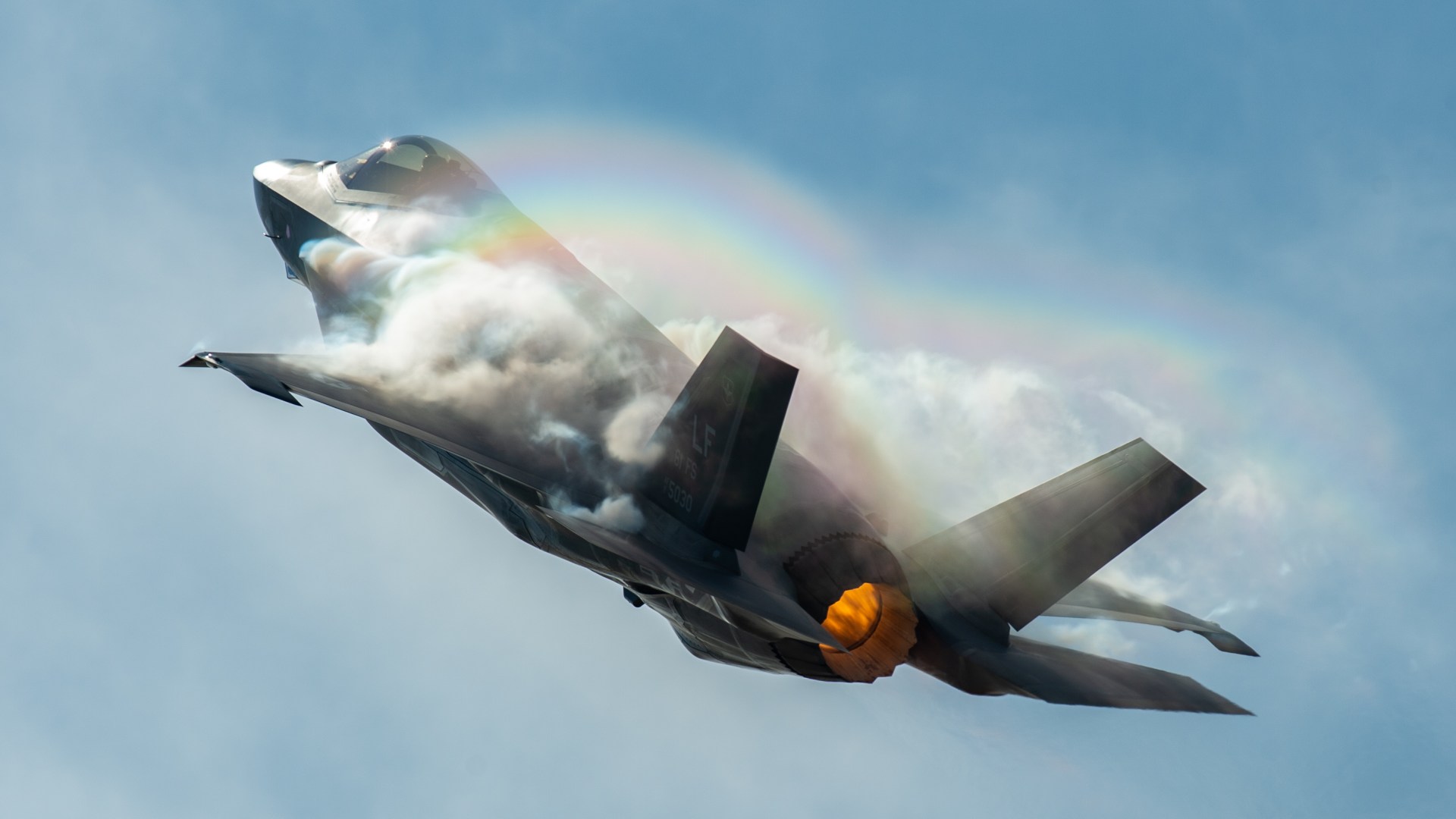 Capt. Andrew “Dojo” Olson, F-35 Heritage Flight Team pilot and commander performs a vertical climb in an F-35A Lightning II during the Bell Fort Worth Alliance Air Show Oct. 14, 2018, in Fort Worth, Texas. The F-35A Lightning II’s F-135 single-engine contains 43,000 pounds of thrust. (U.S. Air Force photo by Senior Airman Alexander Cook)