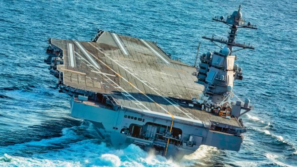 ATLANTIC OCEAN (Oct. 29, 2019) USS Gerald R. Ford (CVN 78) conducts high-speed turns in the Atlantic Ocean. Ford is at sea conducting sea trials following the in port portion of its 15 month post-shakedown availability. (U.S. Navy photo by Mass Communication Specialist 3rd Class Connor Loessin)