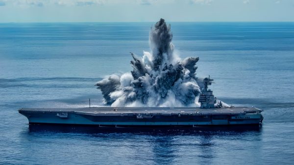The aircraft carrier USS Gerald R. Ford (CVN 78) successfully completes the third and final scheduled explosive event of Full Ship Shock Trials while underway in the Atlantic Ocean, Aug. 8, 2021. The U.S. Navy conducts shock trials of new ship designs using live explosives to confirm that our warships can continue to meet demanding mission requirements under harsh conditions they might encounter in battle. (U.S. Navy photo by Mass Communication Specialist 3rd Class Novalee Manzella)