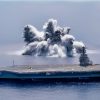 The aircraft carrier USS Gerald R. Ford (CVN 78) completes the first scheduled explosive event of Full Ship Shock Trials while underway in the Atlantic Ocean, June 18, 2021. The U.S. Navy conducts shock trials of new ship designs using live explosives to confirm that our warships can continue to meet demanding mission requirements under harsh conditions they might encounter in battle. (U.S. Navy photo by Mass Communication Specialist 3rd Class Riley B. McDowell)