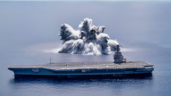 The aircraft carrier USS Gerald R. Ford (CVN 78) completes the first scheduled explosive event of Full Ship Shock Trials while underway in the Atlantic Ocean, June 18, 2021. The U.S. Navy conducts shock trials of new ship designs using live explosives to confirm that our warships can continue to meet demanding mission requirements under harsh conditions they might encounter in battle. (U.S. Navy photo by Mass Communication Specialist 3rd Class Riley B. McDowell)