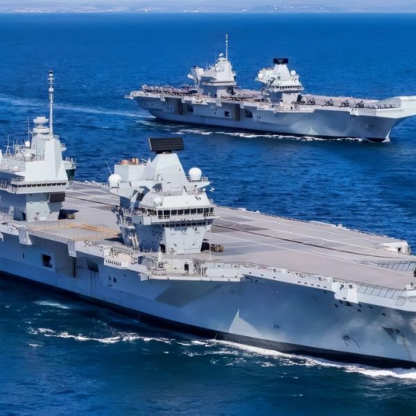 HMS Prince of Wales and HMS Queen Elizabeth pictured at sea for the first time. Image Credit: Royal Navy.