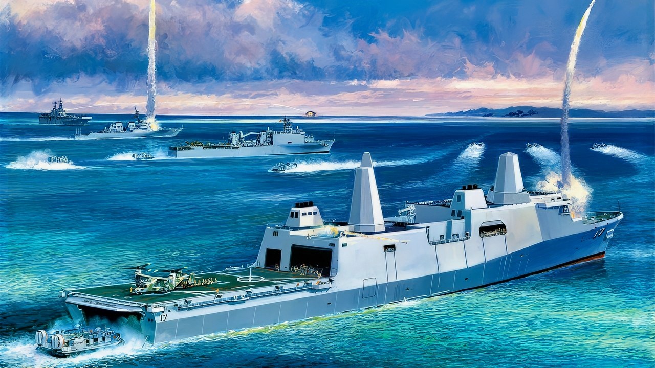 Washington, D. C. (Jun. 6, 2003) -- Artist’s concept of the San Antonio Class amphibious transport dock ships. These versatile ships perform the mission of amphibious transport and amphibious cargo ships by incorporating both a flight deck and a well deck that can be ballasted and de-ballasted to support landing craft or amphibious vehicles.