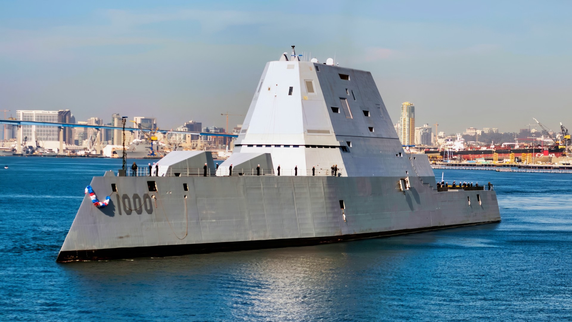 (Dec. 8, 2016) The guided-missile destroyer USS Zumwalt (DDG 1000) arrives at its new homeport in San Diego. Zumwalt, the Navy's most technologically advanced surface ship, will now begin installation of combat systems, testing and evaluation and operation integration with the fleet. (U.S. Navy photo by Petty Officer 3rd Class Emiline L. M. Senn/Released)