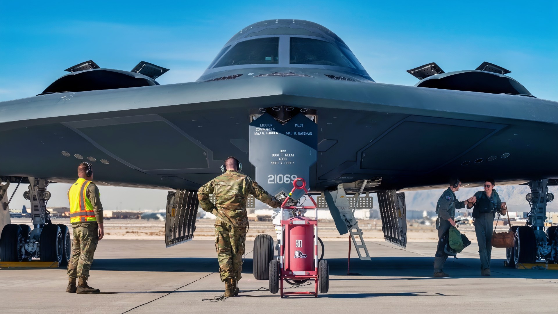 A B-2 Spirit gets ready to taxi out for Red Flag-Nellis 24-1 mission at Nellis Air Force Base, Nevada, Jan. 16, 2024. This Red Flag provides complex realistic scenarios concentrated on warfighting in the Indo-Pacific theater. (U.S. Air Force photo by Airman Brianna Vetro)
