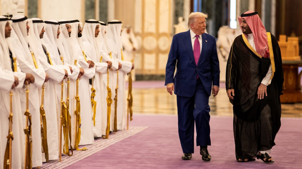 President Donald Trump participates in a welcome ceremony with Saudi Crown Prince Mohammed Bin Salman Al Saud at the Royal Court Palace in Riyadh, Saudi Arabia, Tuesday, May 13, 2025. (Official White House Photo by Daniel Torok)
