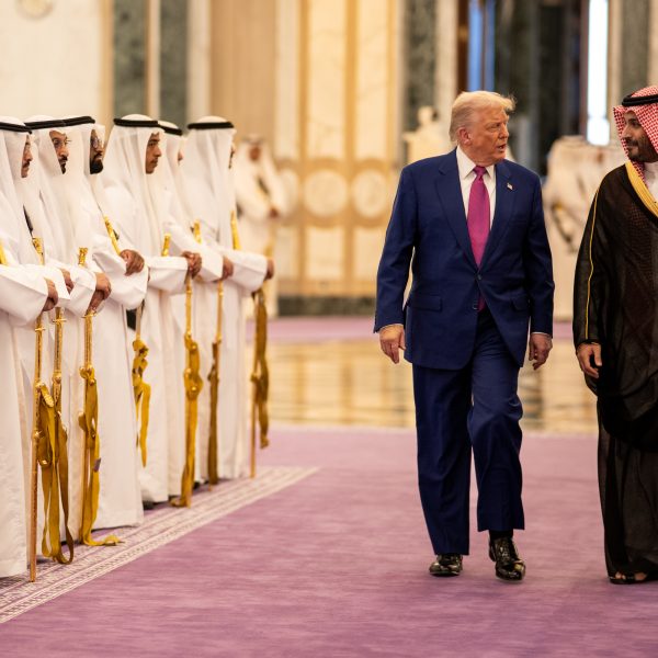 President Donald Trump participates in a welcome ceremony with Saudi Crown Prince Mohammed Bin Salman Al Saud at the Royal Court Palace in Riyadh, Saudi Arabia, Tuesday, May 13, 2025. (Official White House Photo by Daniel Torok)