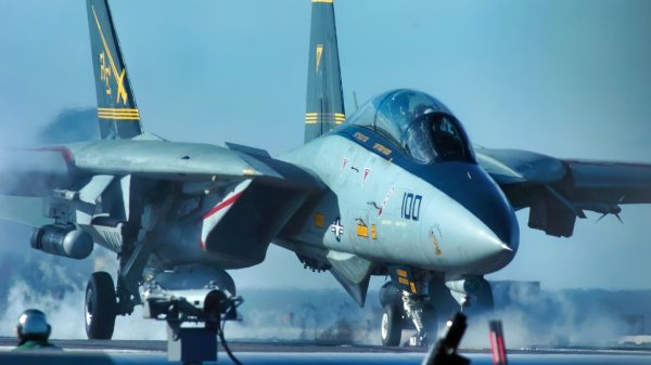 An F-14B Tomcat assigned to the"Swordsmen" of Fighter Squadron Three Two (VF-32) launches off of one of four steam powerd catapults on the flight deck. The Harry S. Truman carrier strike group is on a six-month deployment in support of the global war on terrorism and is currently conducting carrier qualifications of the east coast of the Untied States. US Navy photo by Photographer's Mate Airman Ryan O'Connor. (Released by HST Public Affairs)