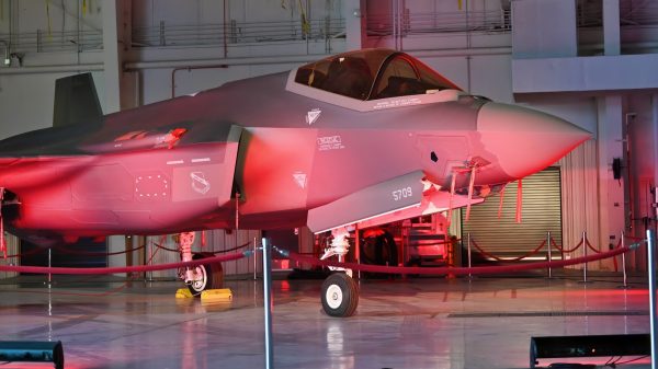 The new F-35 Lightning II stands on display at the First Aircraft Arrival ceremony on Nov. 2, 2024, at Naval Air Station Joint Reserve Base Fort Worth, Texas. The delivery of the F-35 ushered in a new era of modern-day warfighting for the U.S. Air Force. (U.S. Air Force photo by Staff Sgt. Richard Moser)