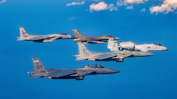 A formation of 4th generation fighter jets from the 40th Flight Test Squadron flies near Eglin Air Force Base, Fla, Jan. 31, 2022. The 40th FLTS executes developmental flight tests for fourth generation fighter aircraft to include the A-10, F-15 and F-16. (U.S. Air Force photo by Tech. Sgt. John Raven)