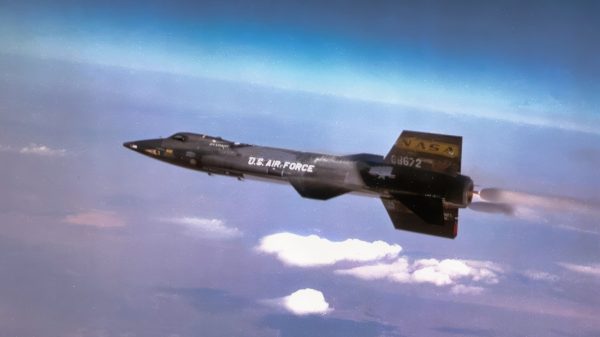 The X-15A-3 rocket plane flies over Edwards Air Force Base during a mission in the 1960s.