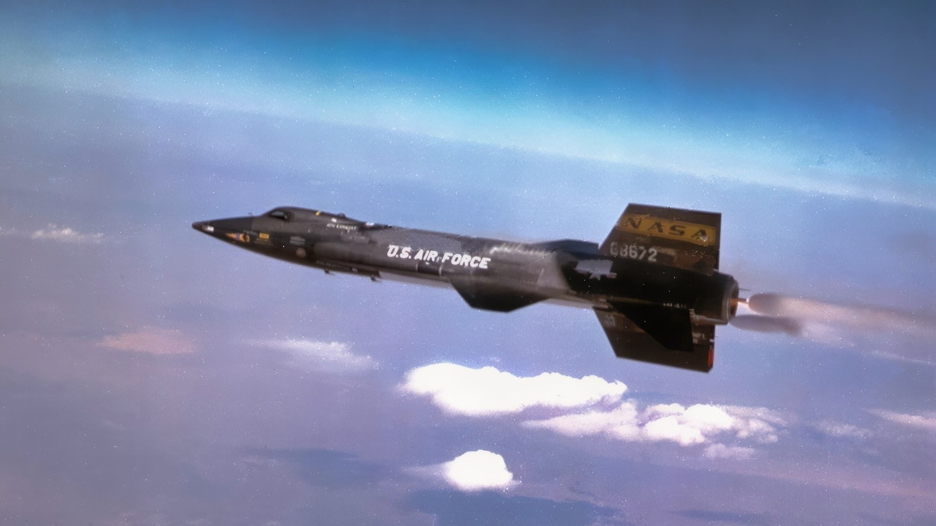 The X-15A-3 rocket plane flies over Edwards Air Force Base during a mission in the 1960s.