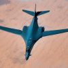 A U.S. Air Force B-1B Lancer departs after conducting aerial refueling with a 28th Expeditionary Air Refueling Squadron KC-135 Stratotanker during a mission in the U.S. Central Command area of operations, Oct. 25, 2019. The B-1B flew directly from its home station of Ellsworth Air Force Base, S.D., demonstrating the U.S. Air Force’s ability to rapidly deploy strategic bombers anywhere in the world. (U.S. Air Force photo by Master Sgt. Russ Scalf)
