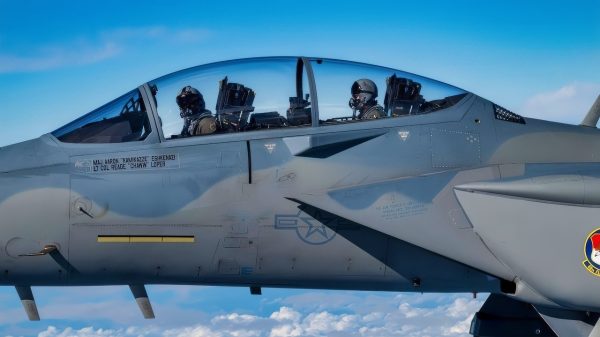 A formation of four U.S. Air Force F-15EX Eagle II fighter jets, assigned to Eglin Air Force Base, Florida, fly over the Gulf of America, Nov. 21, 2025. Secretary of the Air Force Troy Meink flew in the backseat of the lead jet as part of his visit to Eglin AFB. The flight oriented Meink to F-15EX tactics, techniques and procedures being developed and advanced by the 53d Wing to include weapons capacity, next-gen survivability, and next-generation radars, sensors and networking capabilities. (U.S. Air Force photo by Staff Sgt. Blake Wiles)