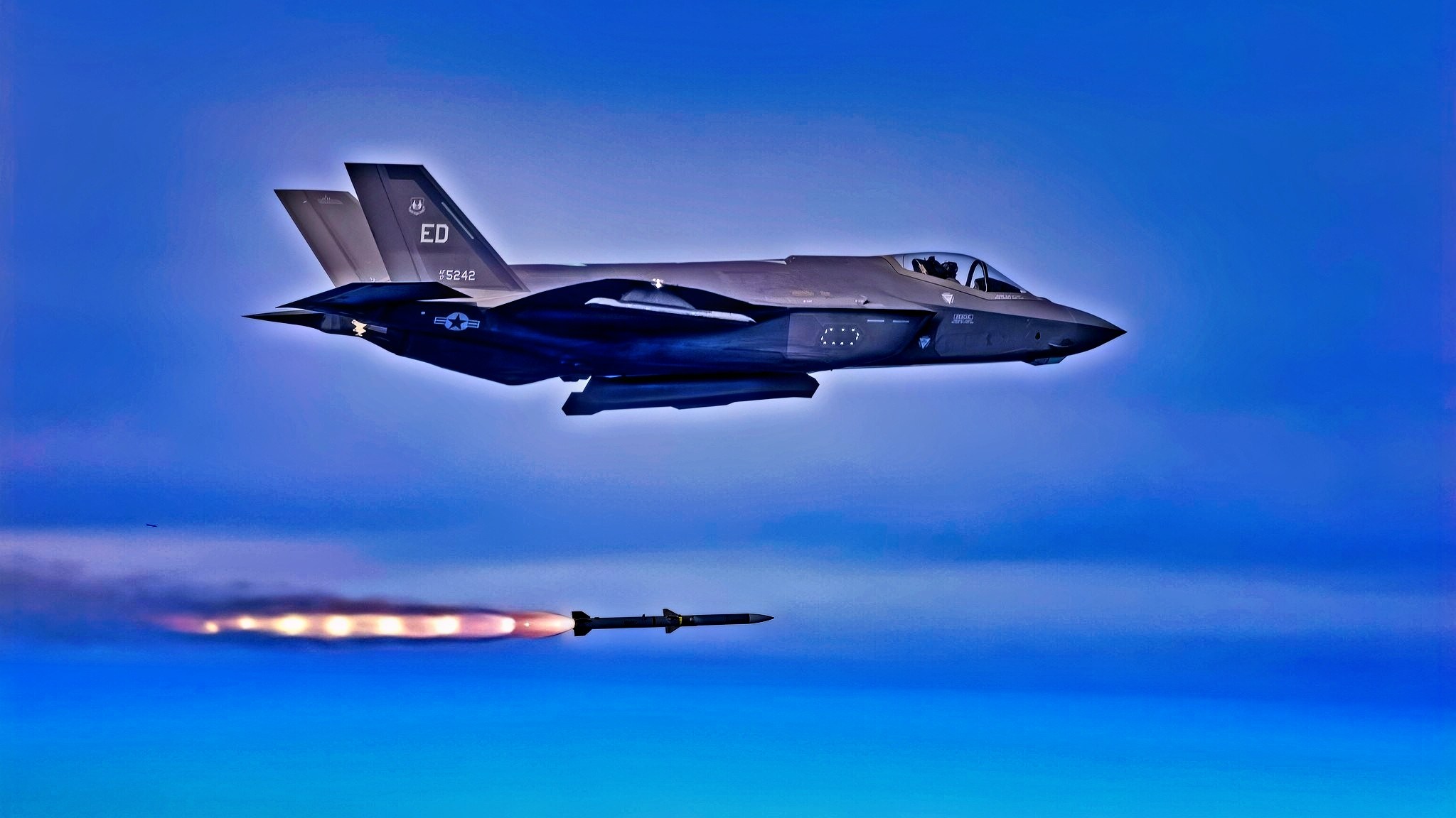 An F-35A with the 461st Flight Test Squadron, 412th Test Wing, conducts a TR-3 AIM-120 live fire mission over the Pacific Test Range on January 22, 2025. The F-35 Integrated Test Force at Edwards is responsible for developmental testing of all three F-35 aircraft variants across the joint-services. (Courtesy Photo)