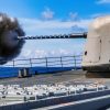 250728-N-BT947-3272 PACIFIC OCEAN (July 29, 2025) The Ticonderoga-class guided-missile cruiser USS Princeton (CG 59) fires its forward Mark 45 5-inch gun during a weapons maintenance shoot, July 29, 2025. The Carl Vinson Carrier Strike Group is underway conducting routine operations in the U.S. 3rd Fleet area of operations. (U.S. Navy photo by Mass Communication Specialist 1st Class Jacob I. Allison)