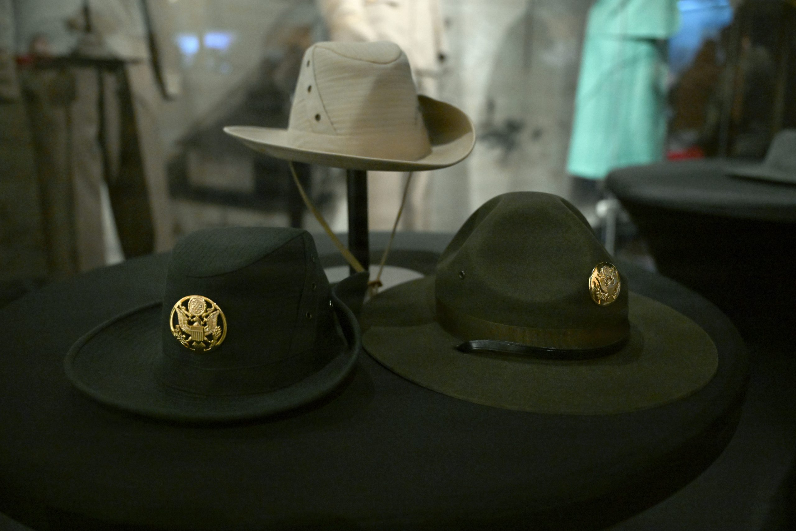 Army drill sergeant hats sit on display at the Basic Combat Training Museum. Female drill sergeants used to wear bush hats until Jan. 1, when the headgear was phased out as the Army standardized to the iconic campaign hat, or ‘brown round.’