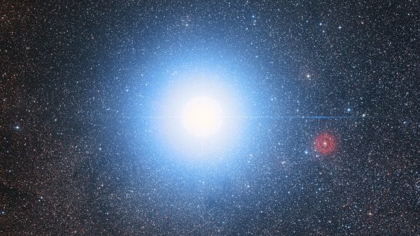 This image of the sky around the bright star Alpha Centauri AB also shows the much fainter red dwarf star, Proxima Centauri, the closest star to the Solar System.