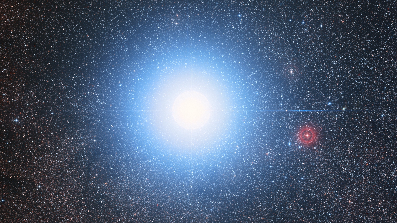 This image of the sky around the bright star Alpha Centauri AB also shows the much fainter red dwarf star, Proxima Centauri, the closest star to the Solar System.