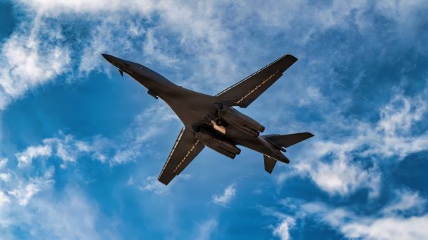 A U.S. Air Force B-1B Lancer assigned to the 28th Bomb Wing takes off in support of a U.S. Air Force Weapons School Integration at Nellis Air Force Base, Nevada, Nov. 18, 2025. The Weapons School trains students to be tactical experts in their combat specialty while also mastering battlespace dominance and integration of joint assets. (U.S. Air Force photo by Airman 1st Class Heather Amador)