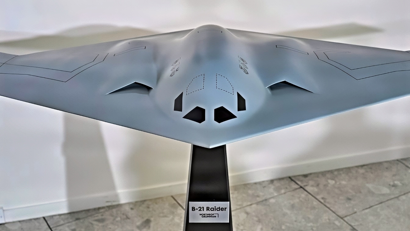 A model of the B-21 Raider bomber is displayed during an unveiling ceremony at the Air and Space Forces Association headquarters in Arlington, Va., April 17, 2026. (U.S. Air Force photo by Eric Dietrich)