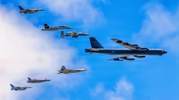 A B-52 Stratofortress leads a formation of a B-1 Lancer, A-10 Warthog, F-16 Fighting Falcon, F-18 Hornet, F-22 Raptor and F-35 Lightning, assigned to Air Combat Command and Global Strike Command, during the Hyundai Air and Sea show at Miami, Florida, May 23, 2026. Each aircraft played a unique role in demonstrating the comprehensive reach of the U.S. Air Force, from legacy bombers to cutting-edge fifth-generation fighters. Known as the Arsenal of Freedom Formation, the event underscored the Air Force’s capability to project force anywhere, anytime, as a key component of national defense. (U.S. Air Force photo by Staff Sgt. Lauren Diaz)