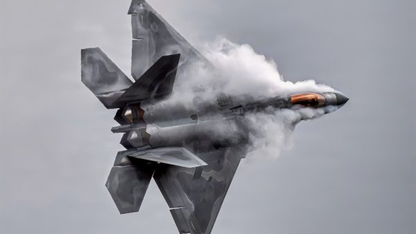 U.S. Air Force Capt. Samuel “RaZZ” Larson, F-22 Raptor Aerial Demonstration Team pilot and commander, performs at the United States Air Force Academy, Colorado Springs, CO, April 14th, 2023. The F-22 Raptor Aerial Demonstration showcases the unmatched maneuverability of the airframe by executing a series of combat maneuvers to inspire Americans and their allies, and deter foreign adversaries. (U.S. Air Force video by Staff Sgt. Michael Bowman)